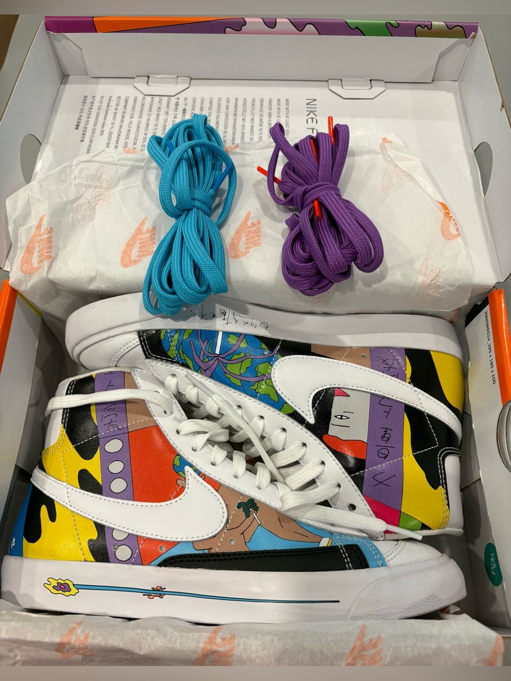 Size 5.5 M/7W- Ruohan Wang x Nike Blazer ’77 Flyleather Mid Multicolor